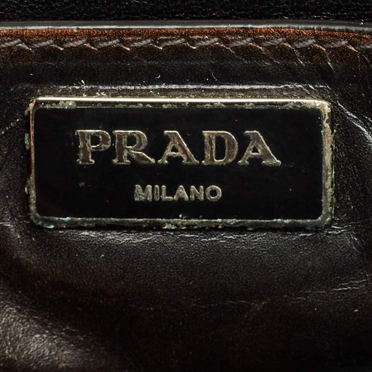 Pre Owned Prada Dark Brown Leather Embellished Sound Twin Pocket Top Handle Bag