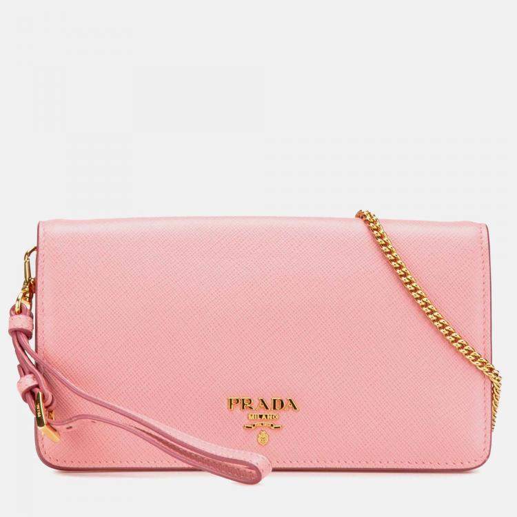 Pre Owned Prada Pink Saffiano Lux Wallet on Chain