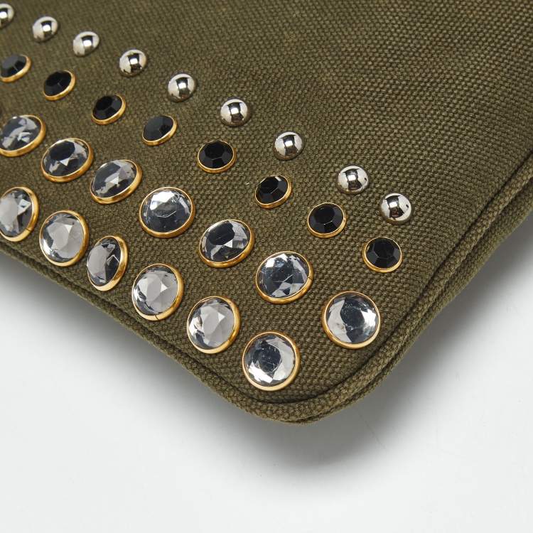 Pre Owned Prada Military Green Canvas Crystal Studded Clutch