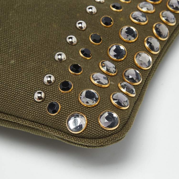 Pre Owned Prada Military Green Canvas Crystal Studded Clutch