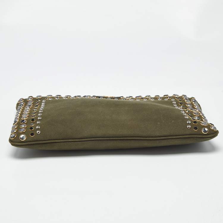 Pre Owned Prada Military Green Canvas Crystal Studded Clutch
