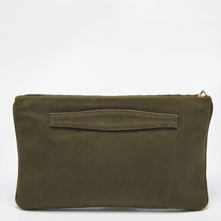 Pre Owned Prada Military Green Canvas Crystal Studded Clutch