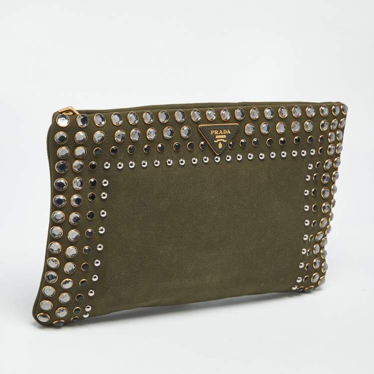 Pre Owned Prada Military Green Canvas Crystal Studded Clutch