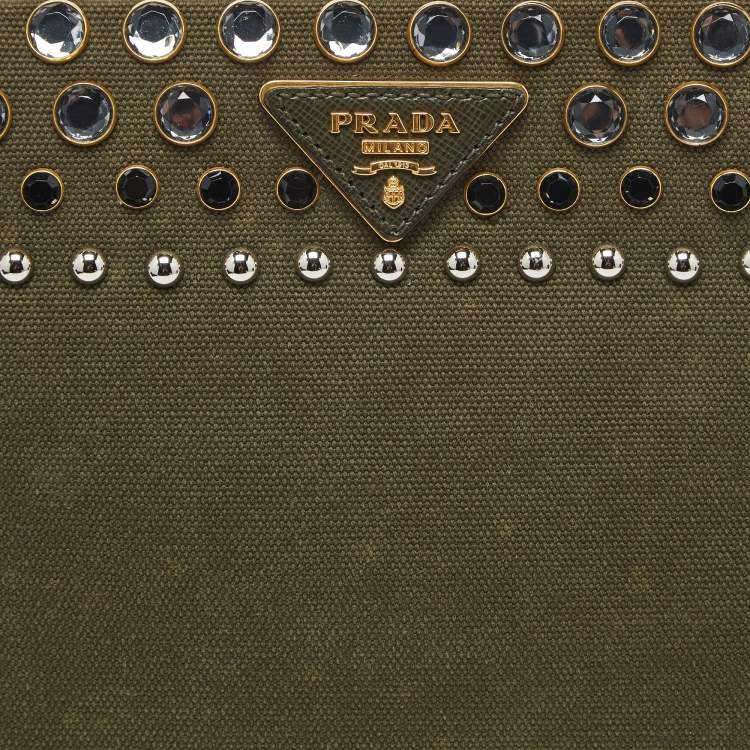 Pre Owned Prada Military Green Canvas Crystal Studded Clutch
