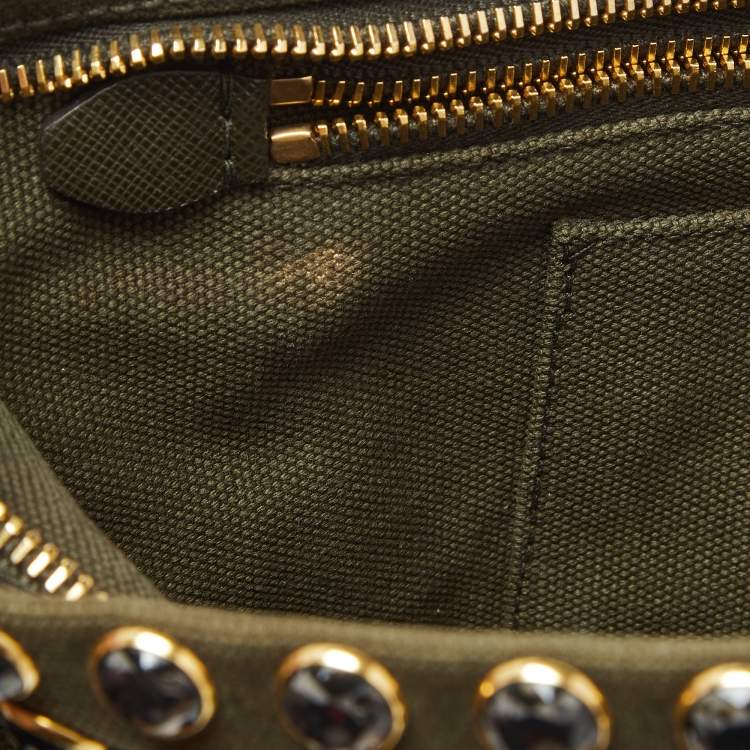 Pre Owned Prada Military Green Canvas Crystal Studded Clutch