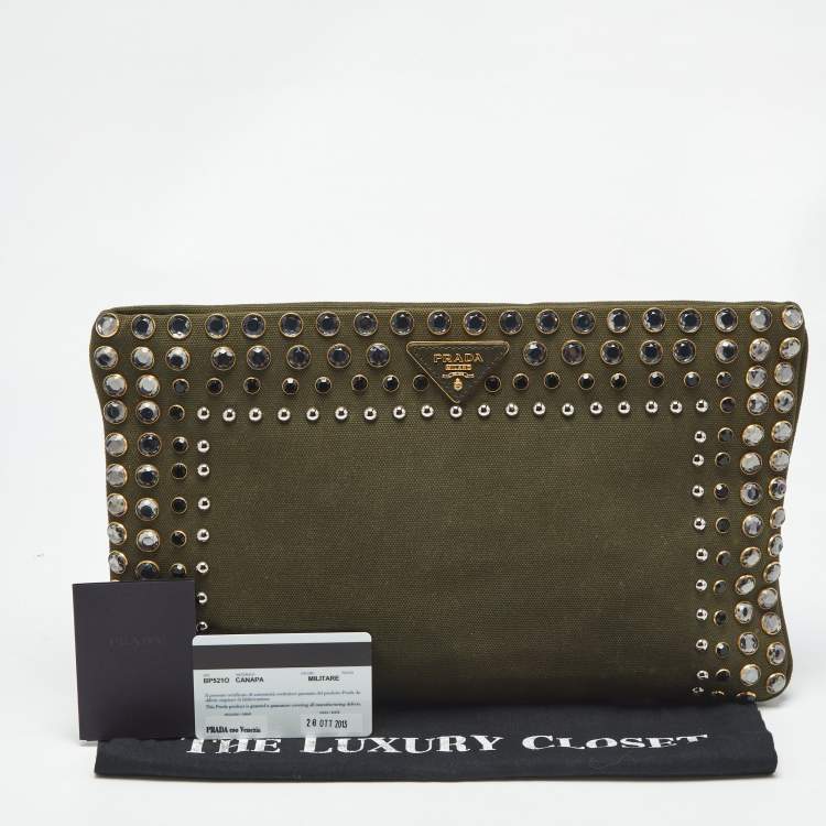 Pre Owned Prada Military Green Canvas Crystal Studded Clutch