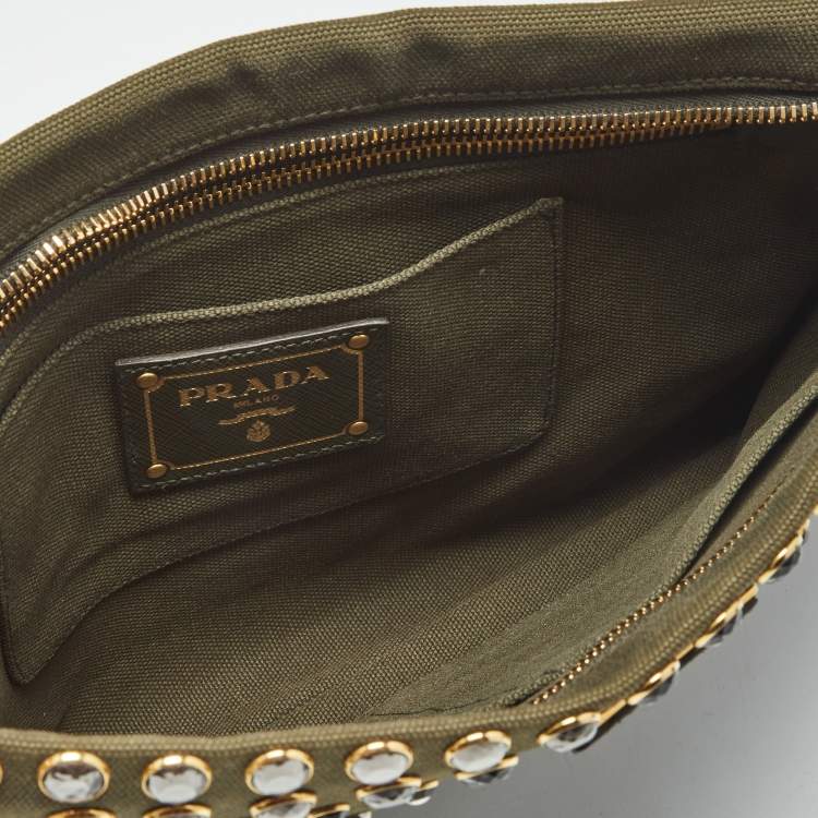Pre Owned Prada Military Green Canvas Crystal Studded Clutch
