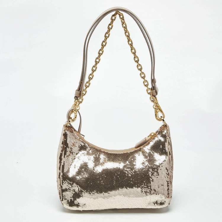 Pre Owned Prada Metallic/Beige Sequins Mini Re-edition Shoulder Bag