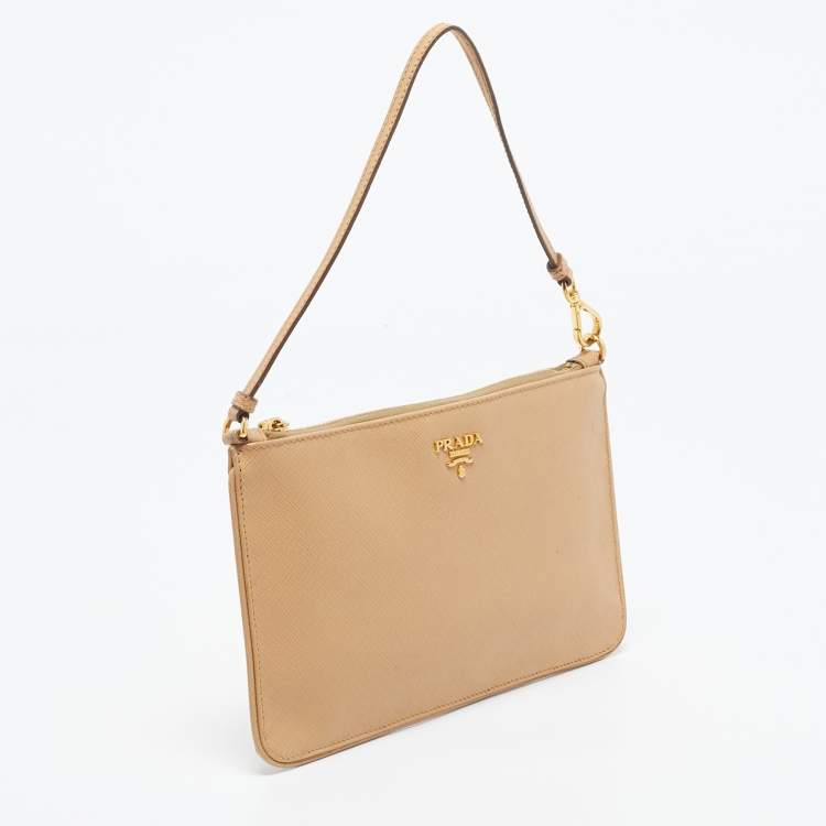 Pre Owned Prada Beige Saffiano Lux Leather Slim Pochette Bag