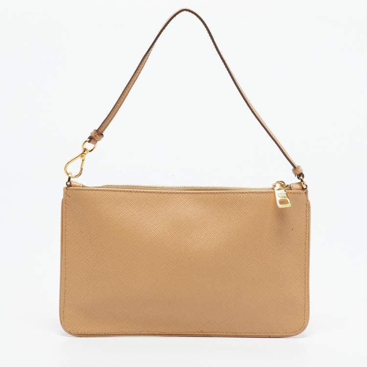 Pre Owned Prada Beige Saffiano Lux Leather Slim Pochette Bag