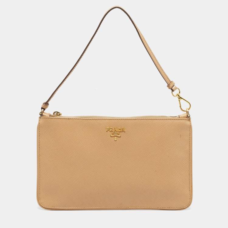 Pre Owned Prada Beige Saffiano Lux Leather Slim Pochette Bag