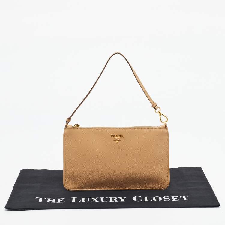 Pre Owned Prada Beige Saffiano Lux Leather Slim Pochette Bag