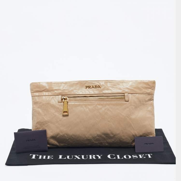 Pre Owned Prada Beige Leather Top Zip Clutch