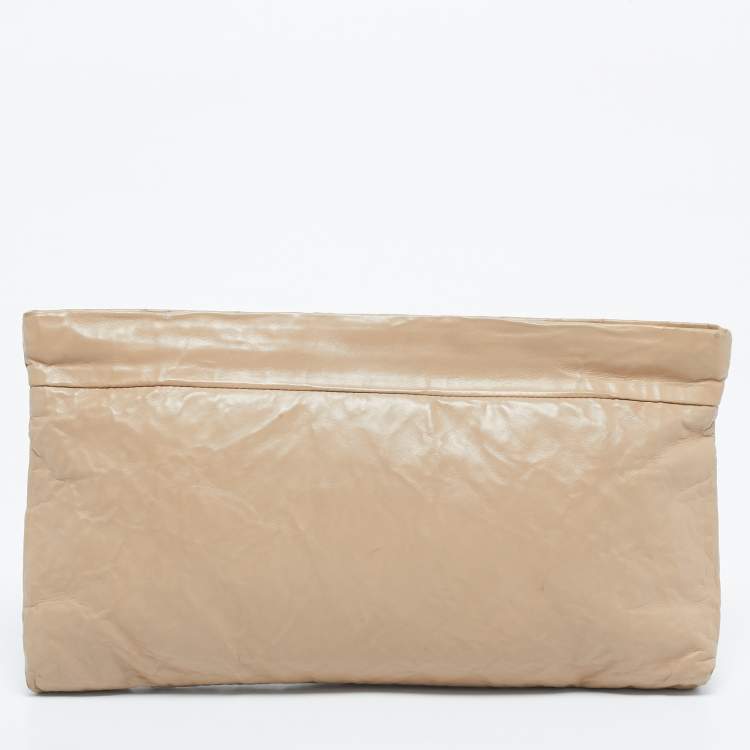 Pre Owned Prada Beige Leather Top Zip Clutch