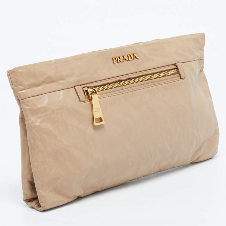 Pre Owned Prada Beige Leather Top Zip Clutch