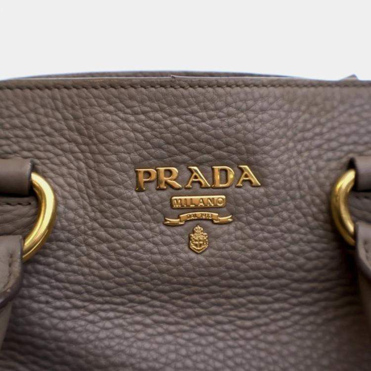 Pre Owned Prada Shopper Large Grey Brown Vitello Diano Leather Tote Bag