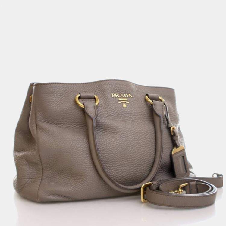 Pre Owned Prada Shopper Large Grey Brown Vitello Diano Leather Tote Bag