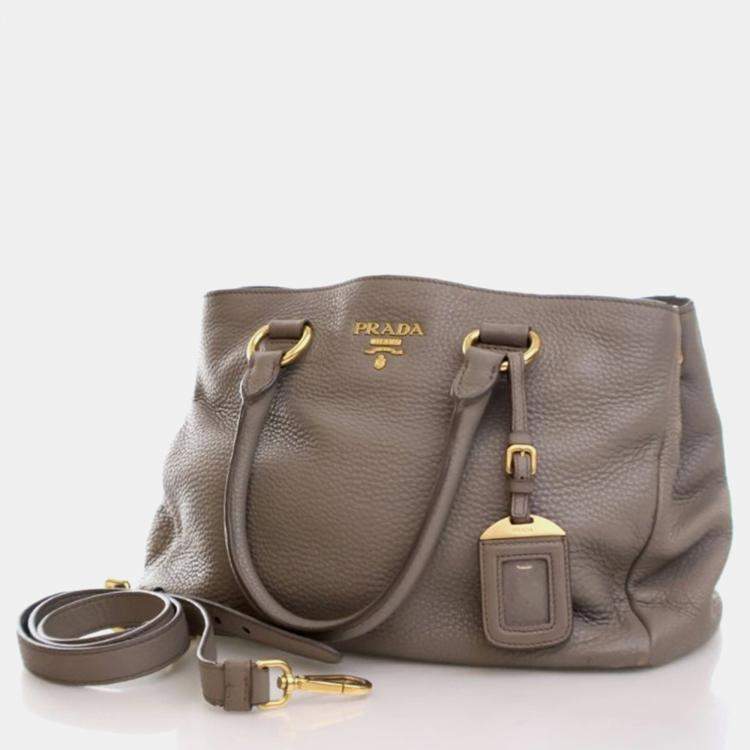 Pre Owned Prada Shopper Large Grey Brown Vitello Diano Leather Tote Bag