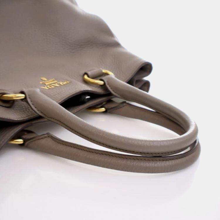 Pre Owned Prada Shopper Large Grey Brown Vitello Diano Leather Tote Bag