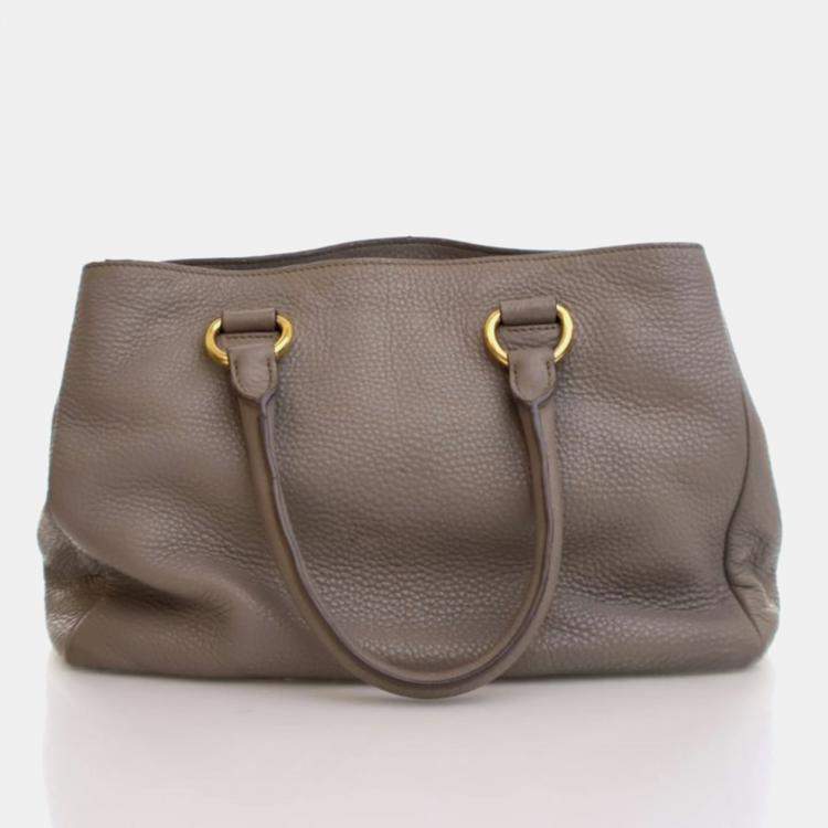 Pre Owned Prada Shopper Large Grey Brown Vitello Diano Leather Tote Bag