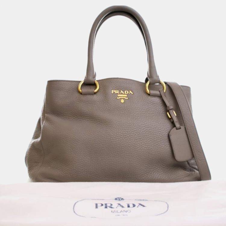 Pre Owned Prada Shopper Large Grey Brown Vitello Diano Leather Tote Bag