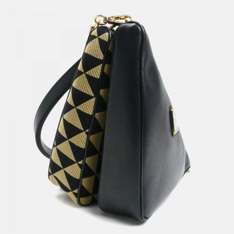 Pre Owned Prada Triangle Black Beige Leather and Fabric Shoulder Bag