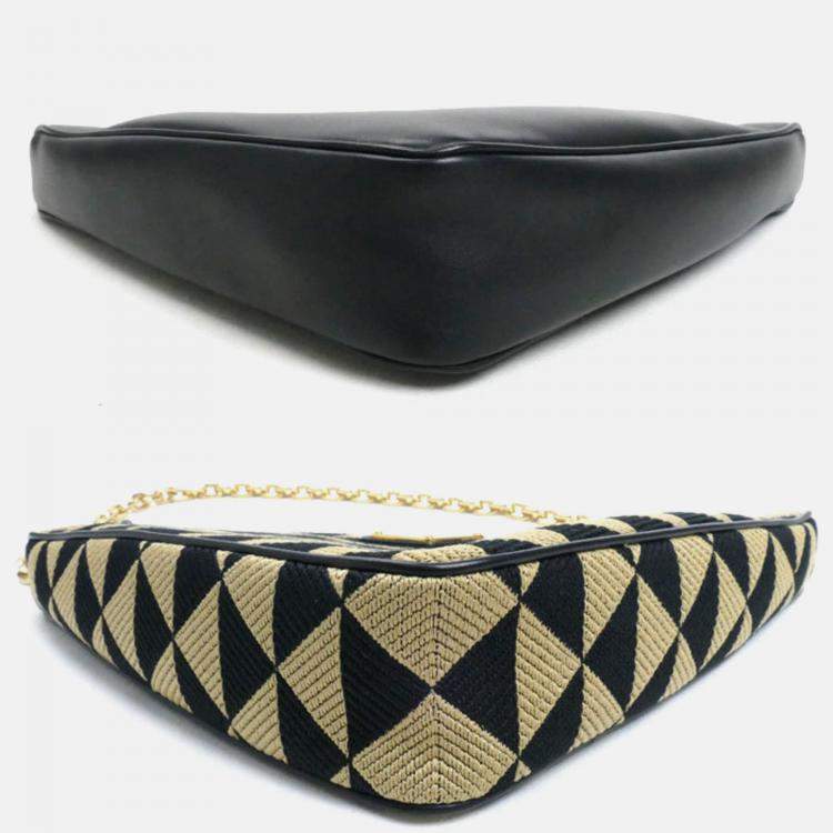 Pre Owned Prada Triangle Black Beige Leather and Fabric Shoulder Bag