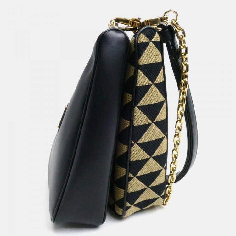 Pre Owned Prada Triangle Black Beige Leather and Fabric Shoulder Bag