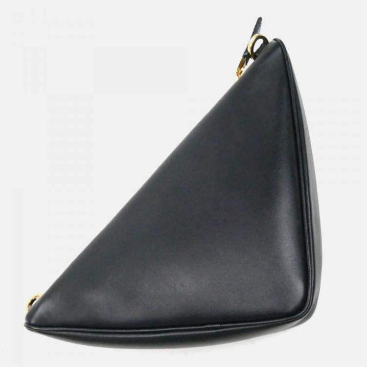 Pre Owned Prada Triangle Black Beige Leather and Fabric Shoulder Bag