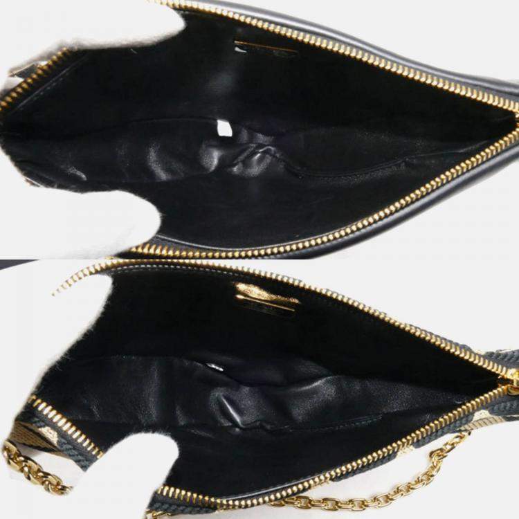 Pre Owned Prada Triangle Black Beige Leather and Fabric Shoulder Bag