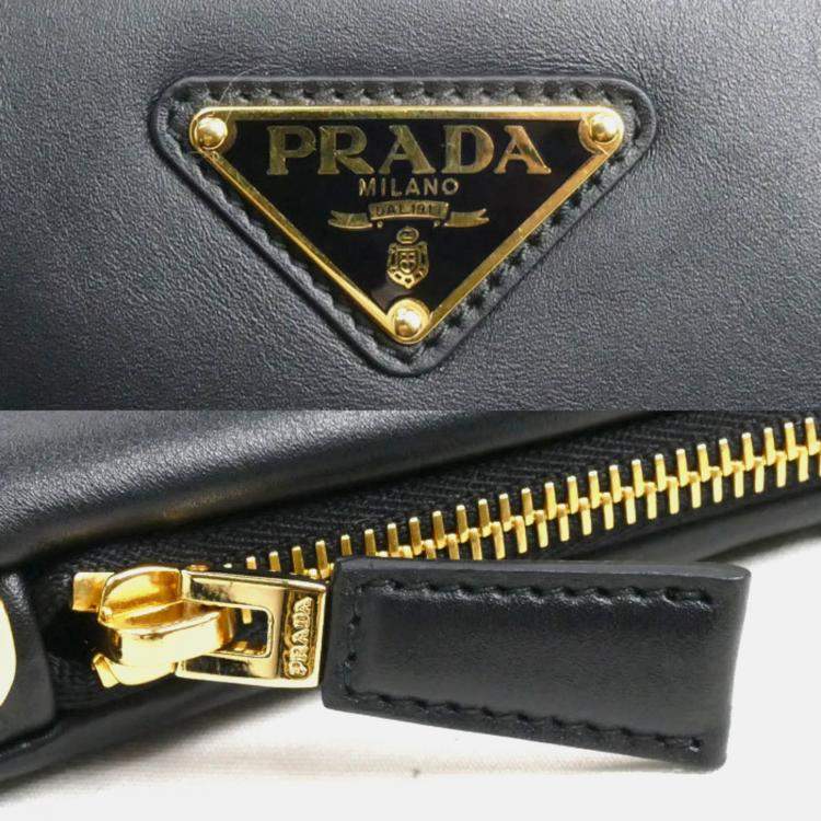 Pre Owned Prada Triangle Black Beige Leather and Fabric Shoulder Bag