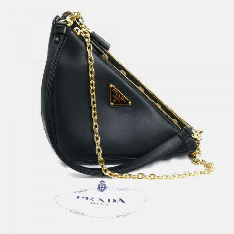 Pre Owned Prada Triangle Black Beige Leather and Fabric Shoulder Bag