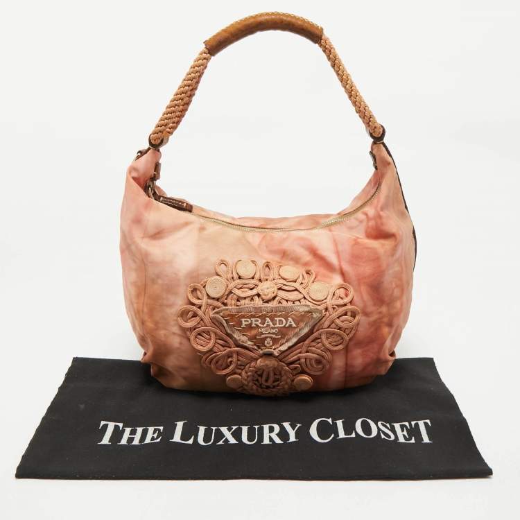Pre Owned Prada Orange/Brown Leather and Nylon Logo Tie Dye Hobo