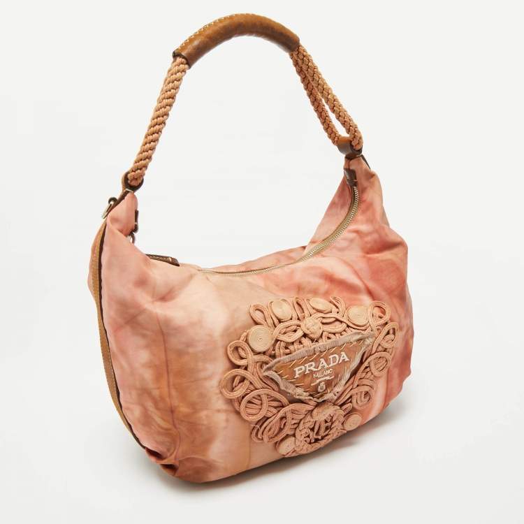 Pre Owned Prada Orange/Brown Leather and Nylon Logo Tie Dye Hobo