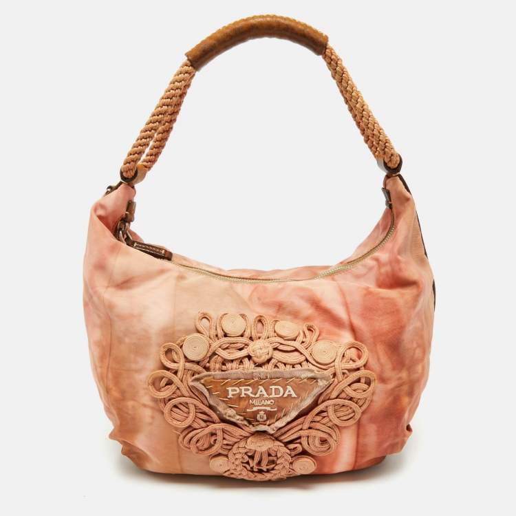 Pre Owned Prada Orange/Brown Leather and Nylon Logo Tie Dye Hobo