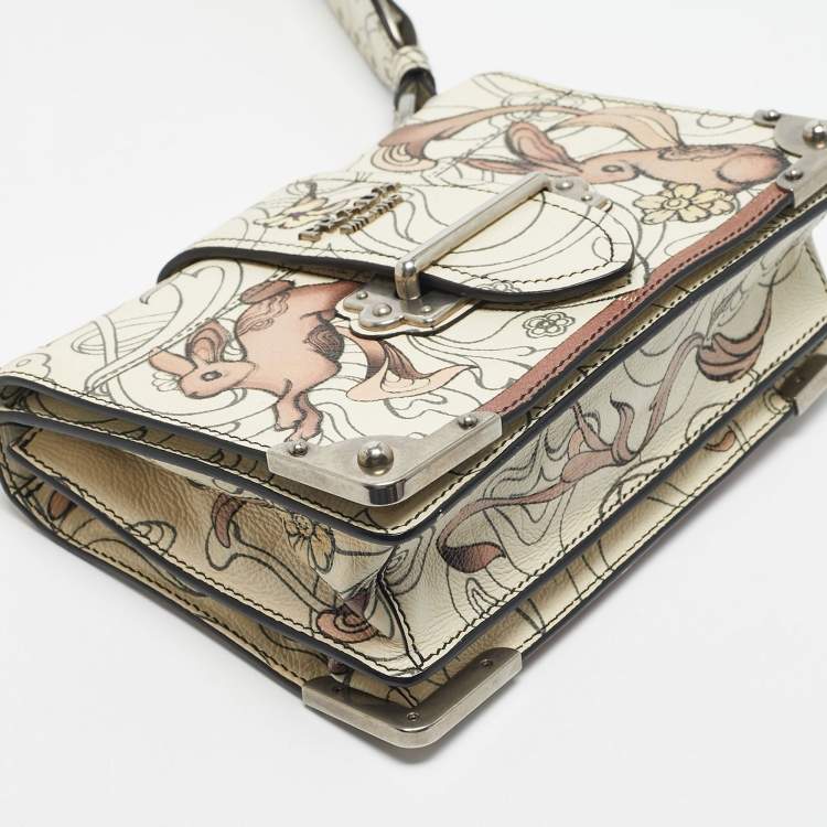 Pre Owned Prada x James Jean Off White Glace Calf Rabbit Print Leather Cahier Shoulder Bag