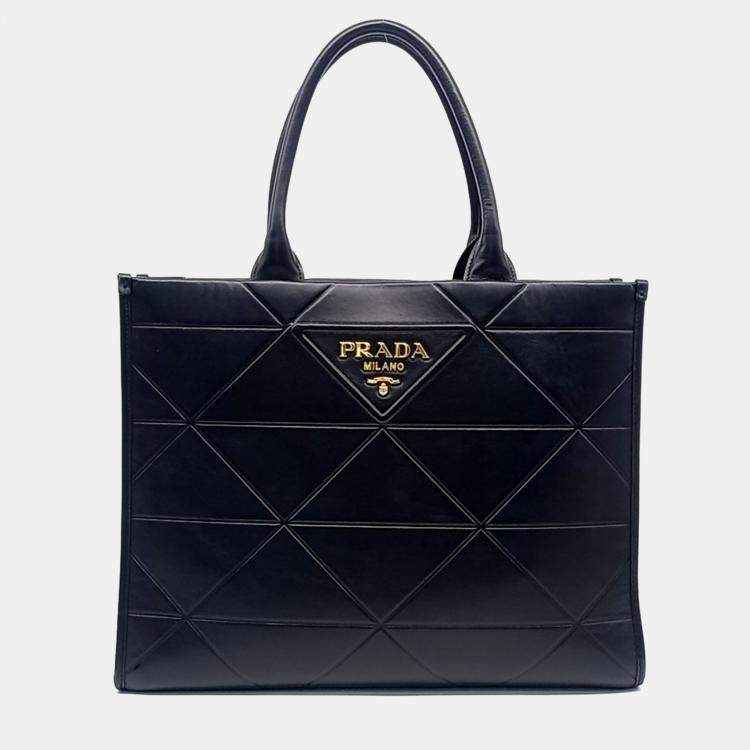 Pre Owned Prada Black Leather Soft Calf Logo Tote Bag