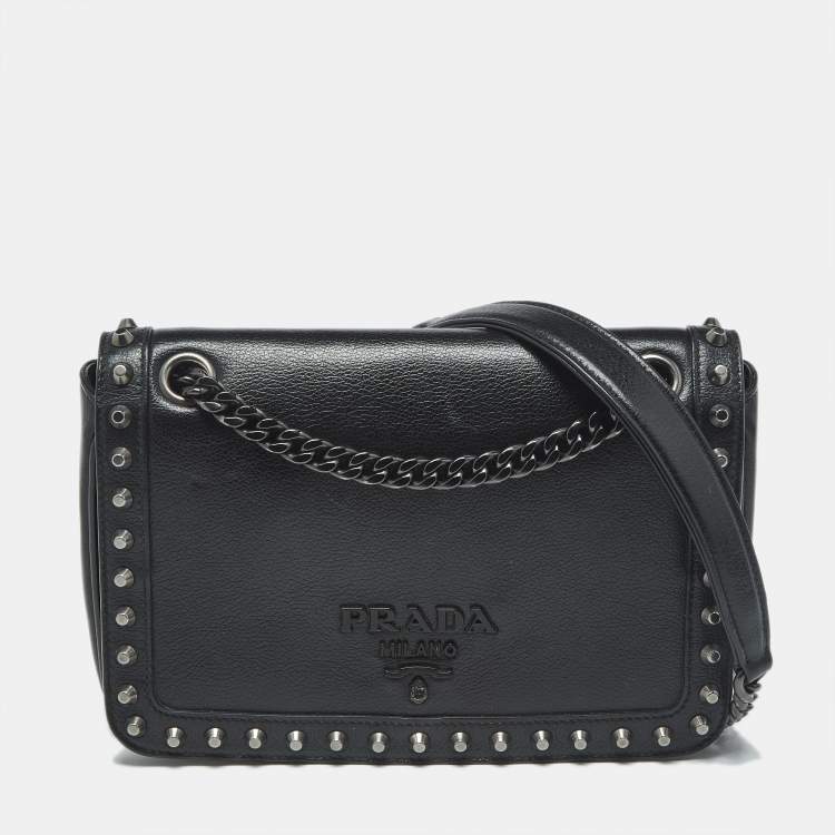 Pre Owned Prada Black Glace Calf Leather Studded Flap Crossbody Bag