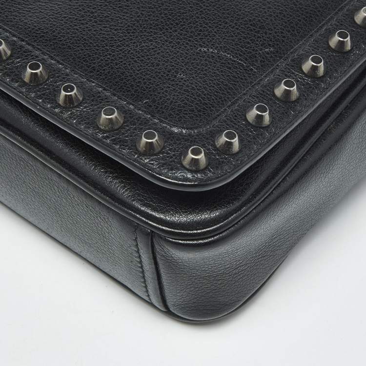 Pre Owned Prada Black Glace Calf Leather Studded Flap Crossbody Bag