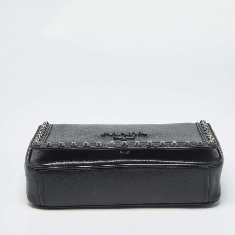Pre Owned Prada Black Glace Calf Leather Studded Flap Crossbody Bag