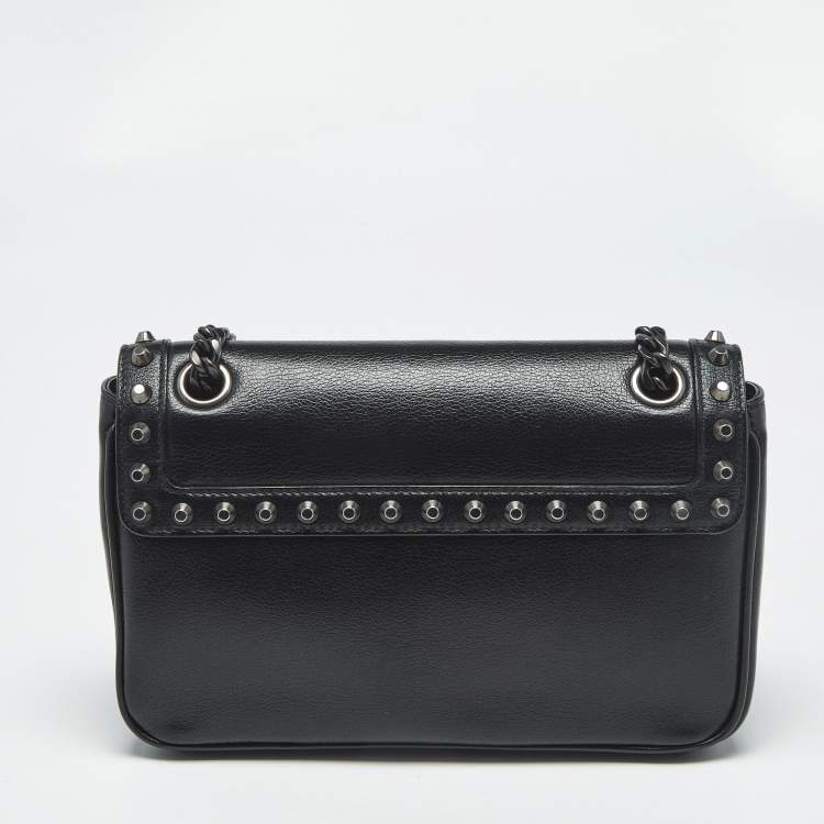 Pre Owned Prada Black Glace Calf Leather Studded Flap Crossbody Bag
