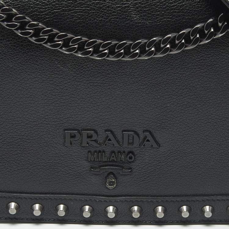 Pre Owned Prada Black Glace Calf Leather Studded Flap Crossbody Bag