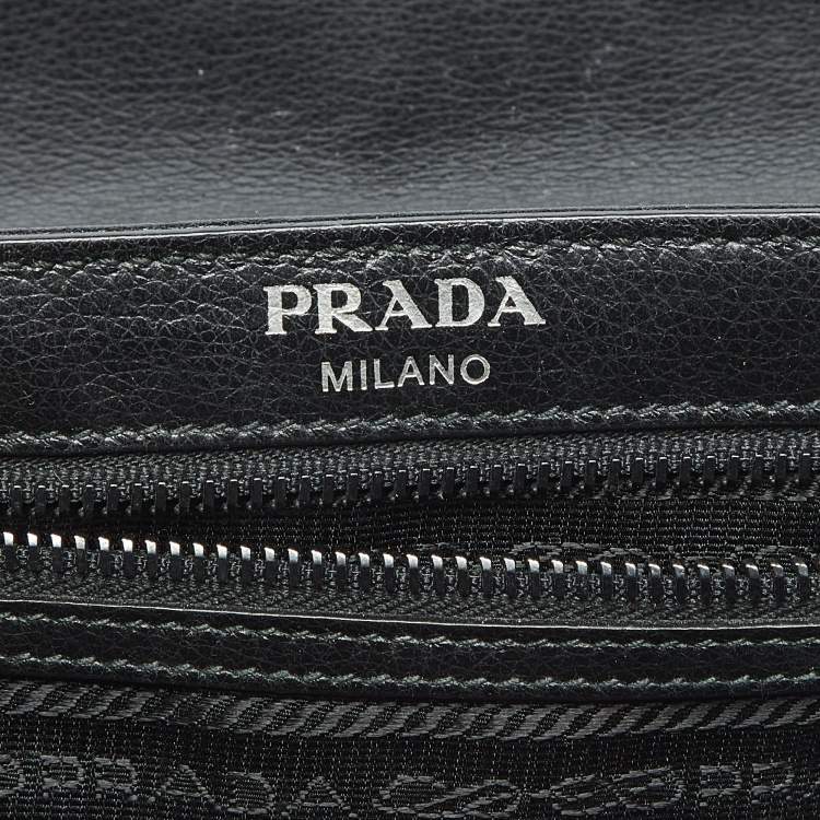 Pre Owned Prada Black Glace Calf Leather Studded Flap Crossbody Bag
