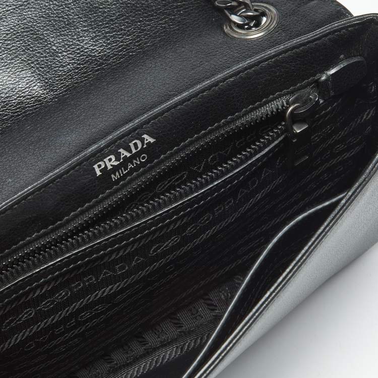 Pre Owned Prada Black Glace Calf Leather Studded Flap Crossbody Bag