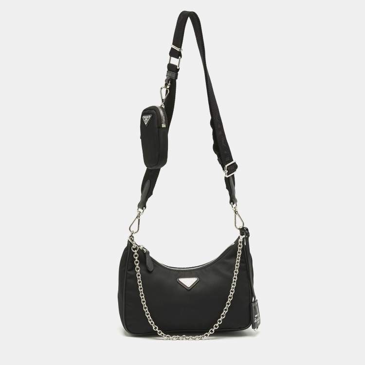 Pre Owned Prada Black Nylon and Saffiano Leather Re-Edition 2005 Shoulder Bag