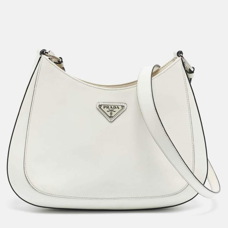 Pre Owned Prada White Brushed Leather Cleo Shoulder Bag