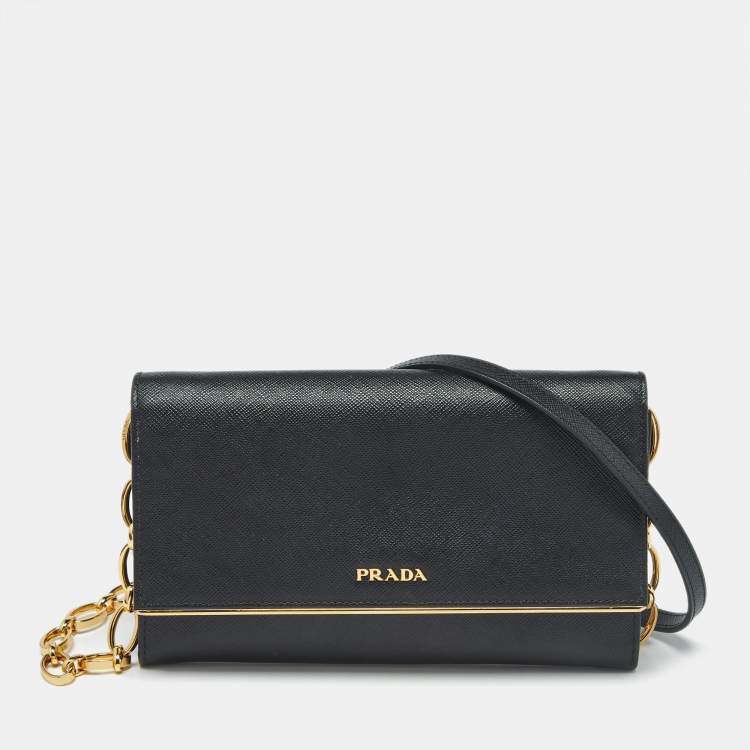 Pre Owned Prada Black Saffiano Lux Leather Metal Bar Flap Clutch