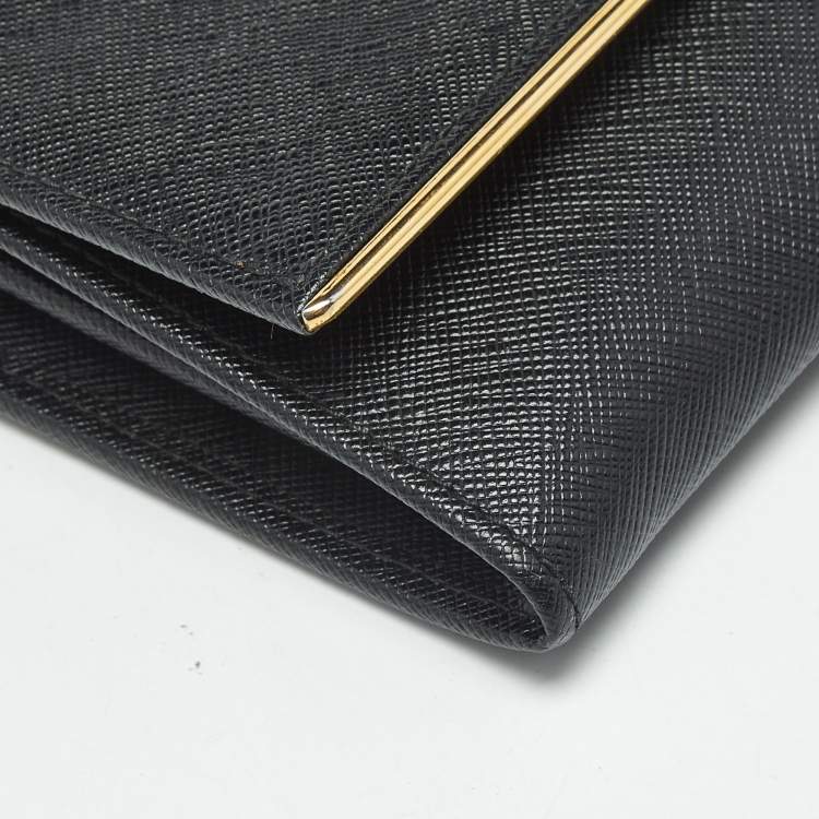 Pre Owned Prada Black Saffiano Lux Leather Metal Bar Flap Clutch