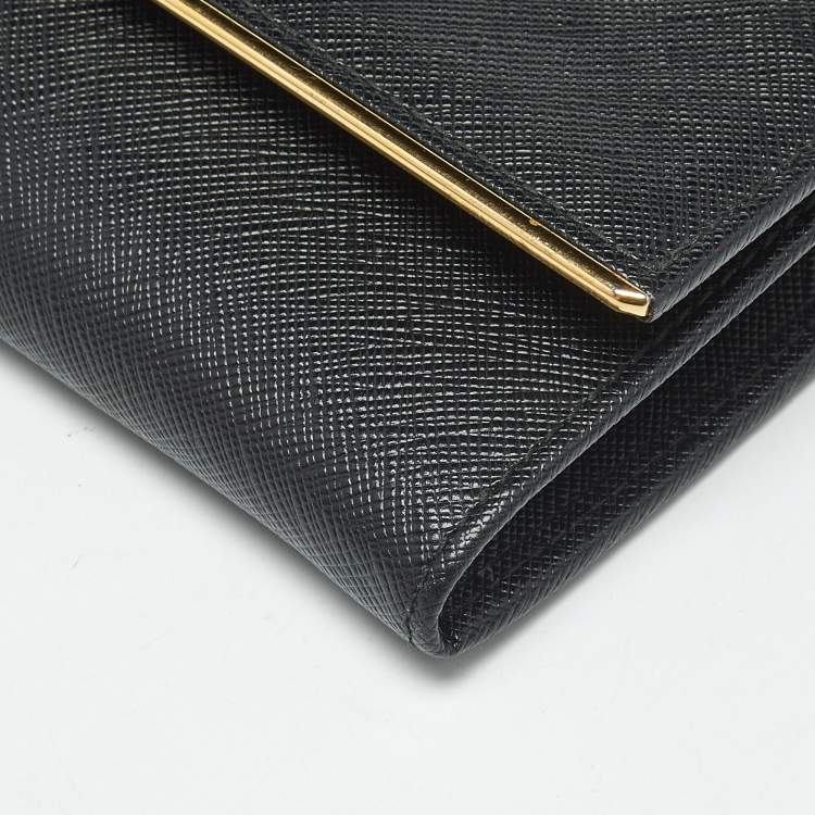 Pre Owned Prada Black Saffiano Lux Leather Metal Bar Flap Clutch