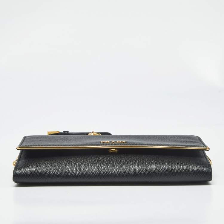Pre Owned Prada Black Saffiano Lux Leather Metal Bar Flap Clutch